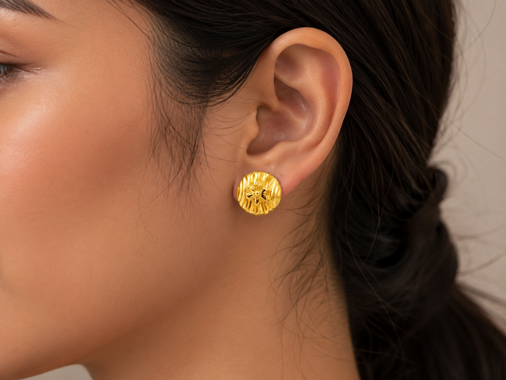 9K Textured Round Floral Gold Stud Earring