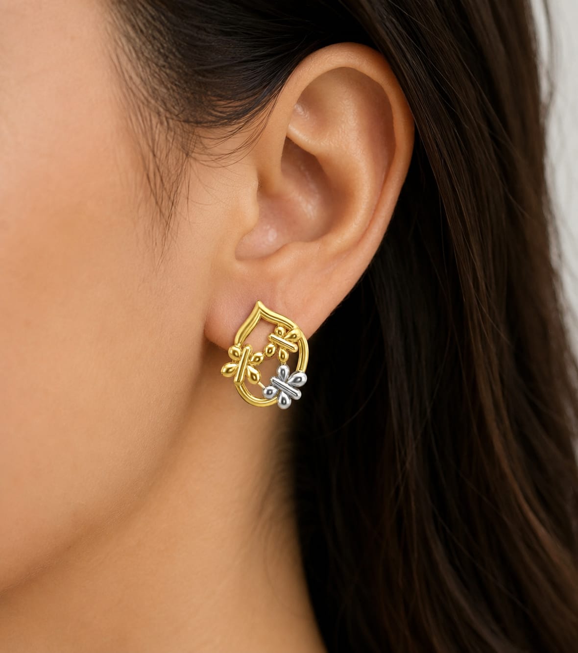 9K Teardrop Butterfly Dual-Tone Stud Earring