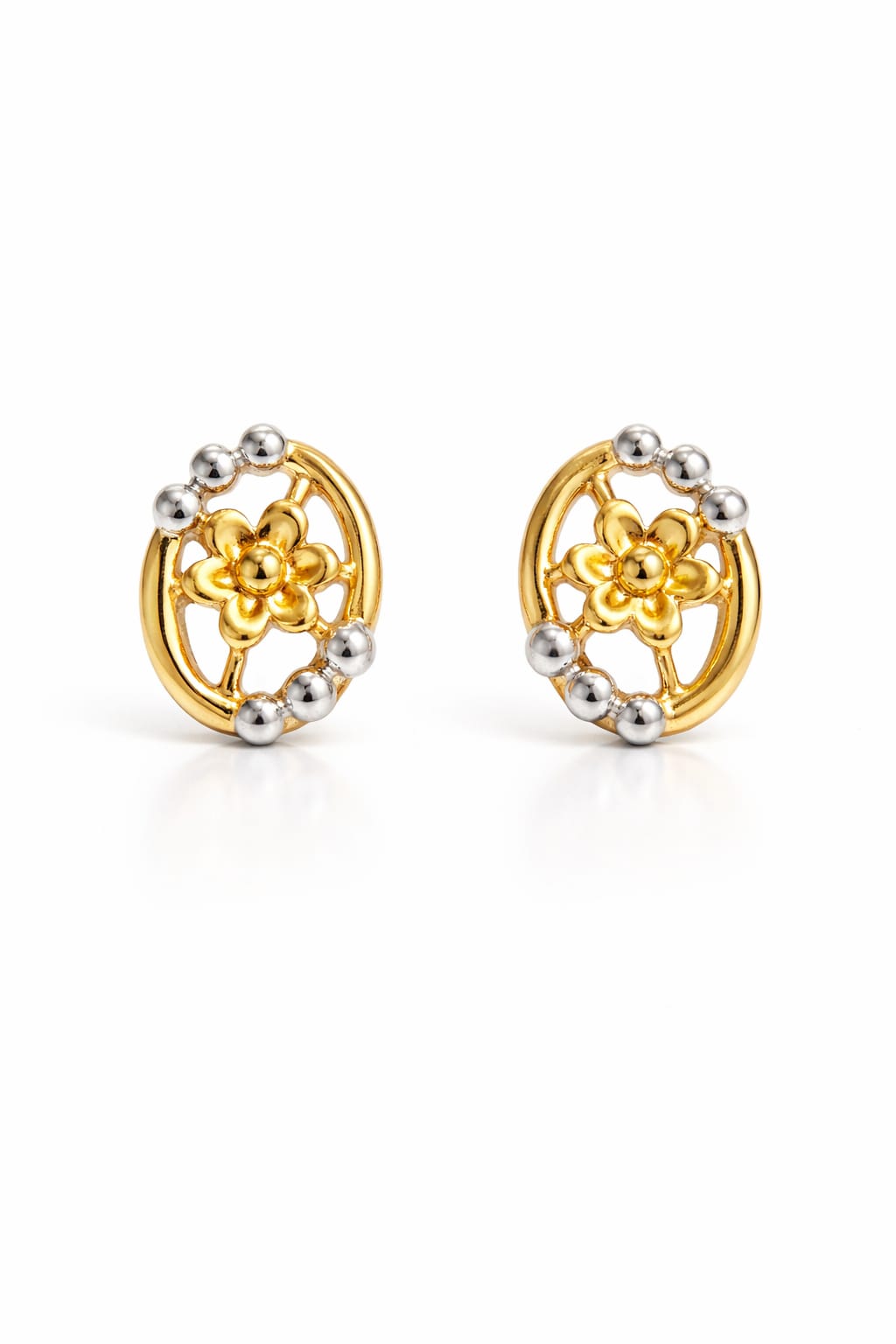 9K Oval Floral Dual-Tone Stud Earring