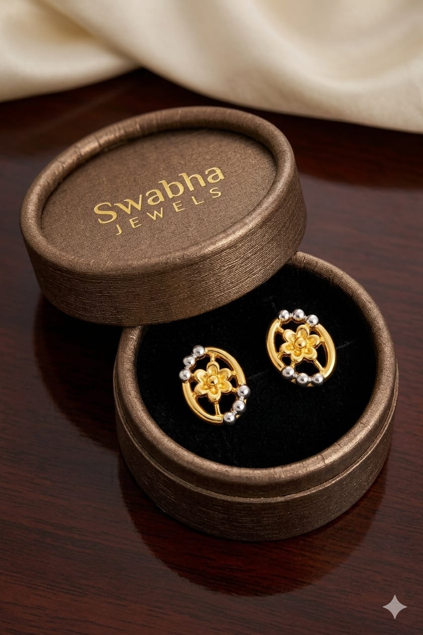 9K Oval Floral Dual-Tone Stud Earring