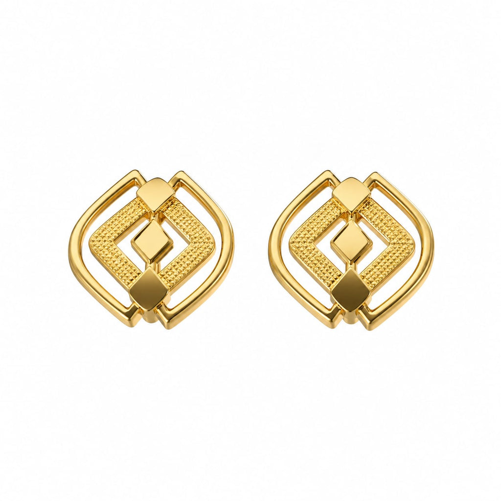 9K Golden Geometric Diamond Frame Stud Earrings