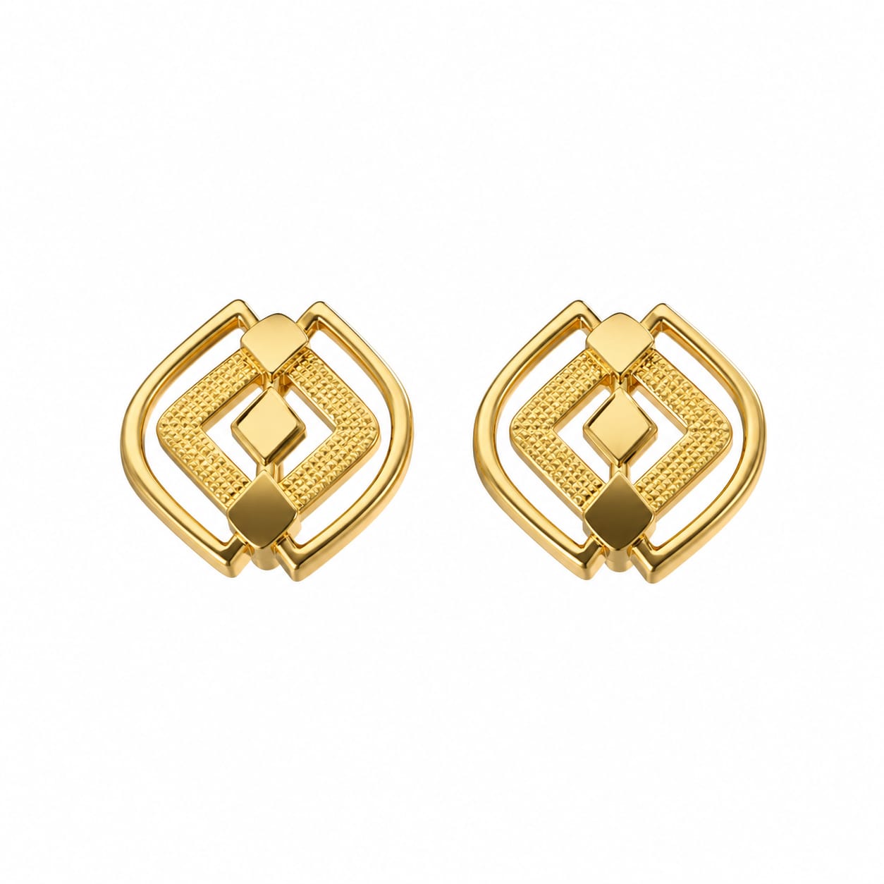 9K Golden Geometric Diamond Frame Stud Earrings