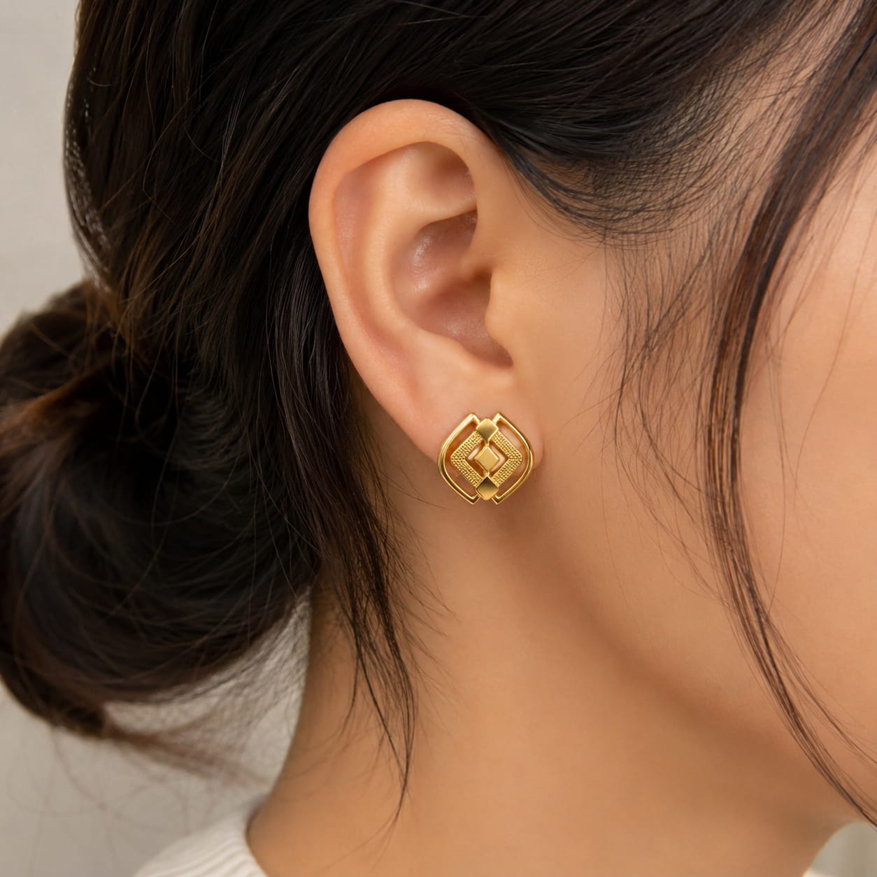 9K Golden Geometric Diamond Frame Stud Earrings
