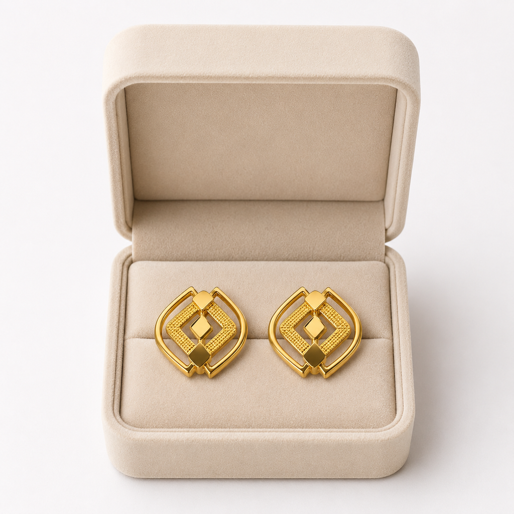 9K Golden Geometric Diamond Frame Stud Earrings