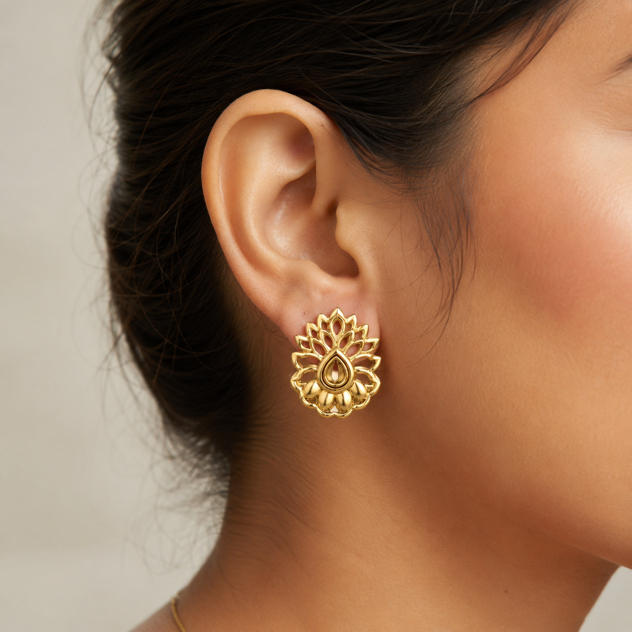 9K Golden Lotus Teardrop Stud Earrings
