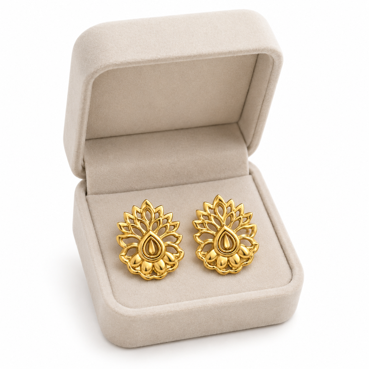 9K Golden Lotus Teardrop Stud Earrings