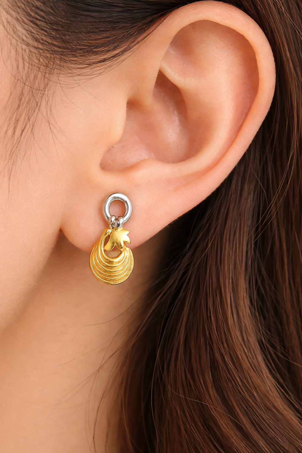 9K Dual-Tone Layered Shell Drop Earrings