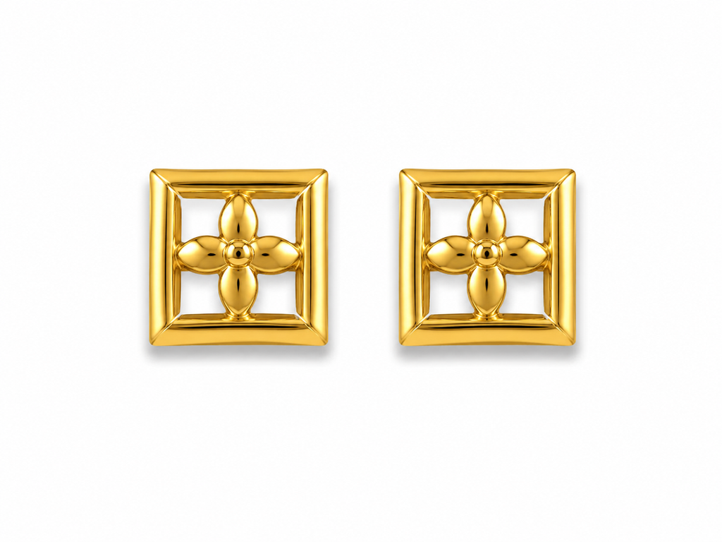 9K Golden Floral Frame Stud Earrings