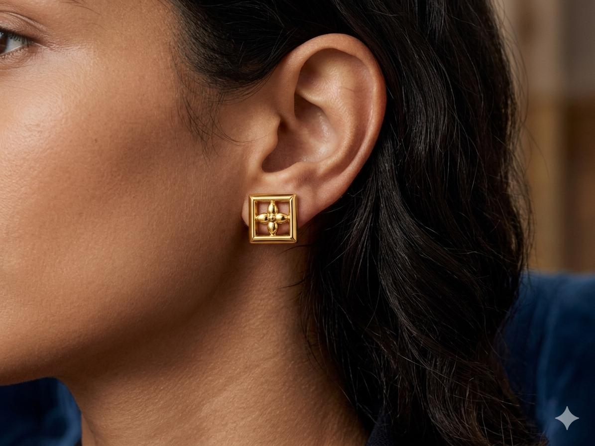9K Golden Floral Frame Stud Earrings