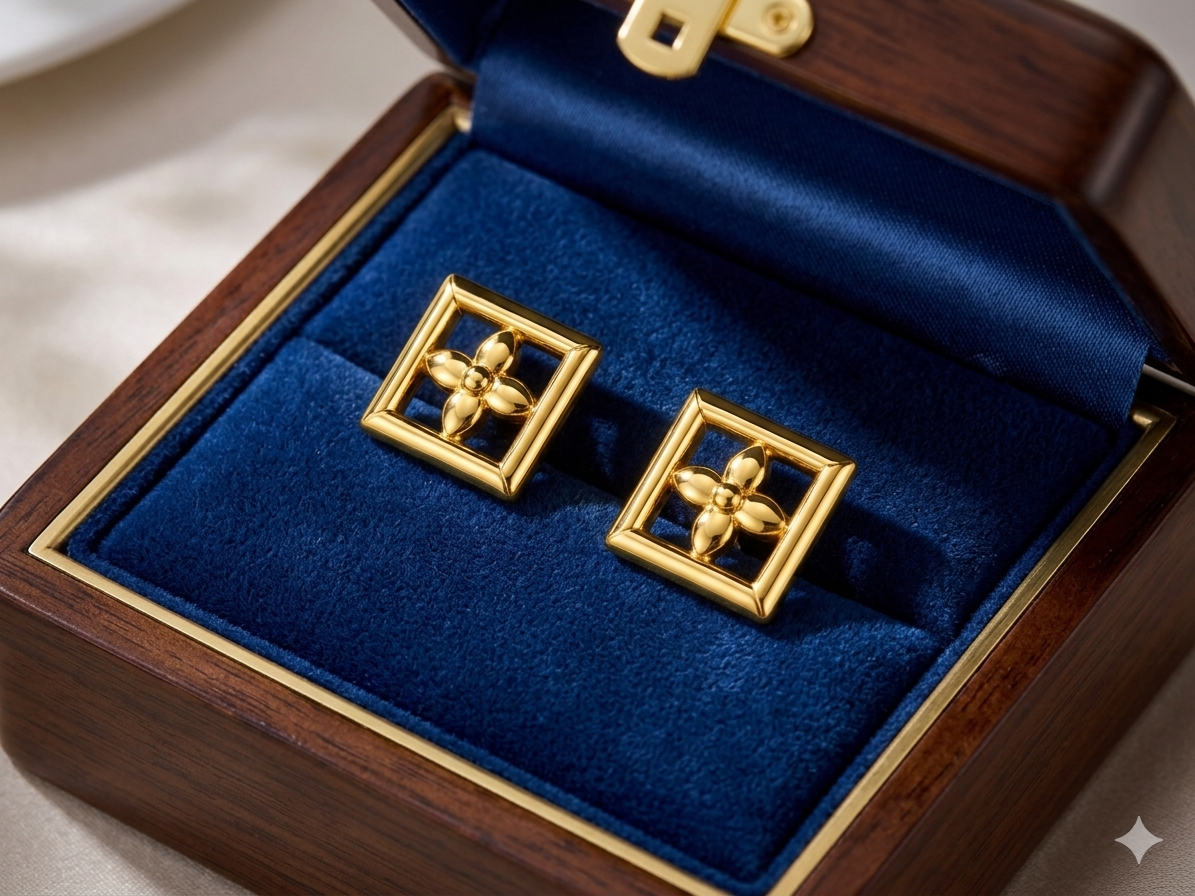 9K Golden Floral Frame Stud Earrings