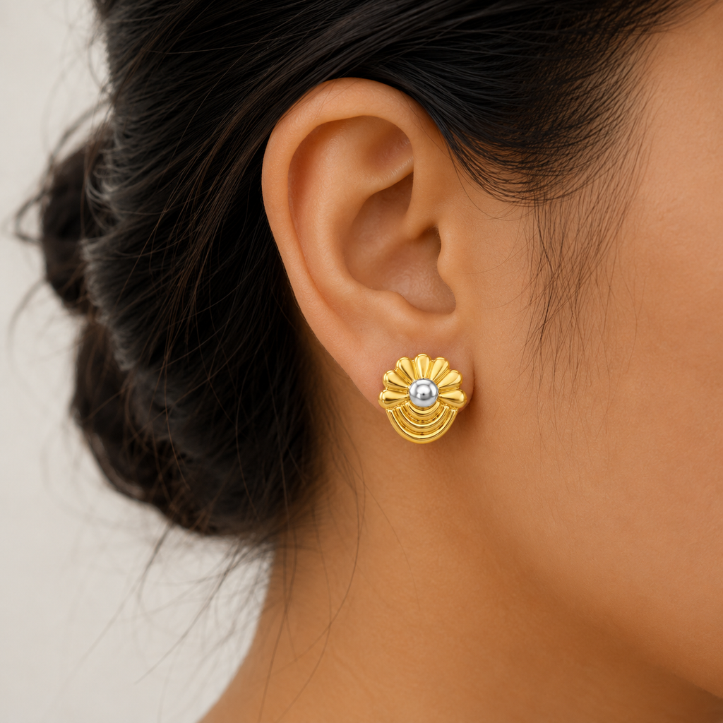 9K Dual-Tone Floral Pearl Stud Earrings
