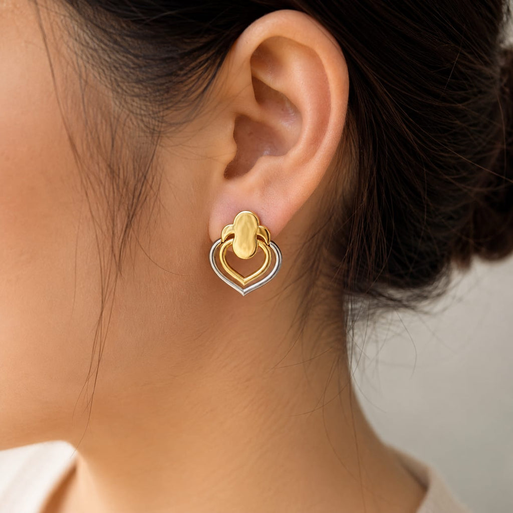 9K Dual-Tone Layered Heart Drop Earrings