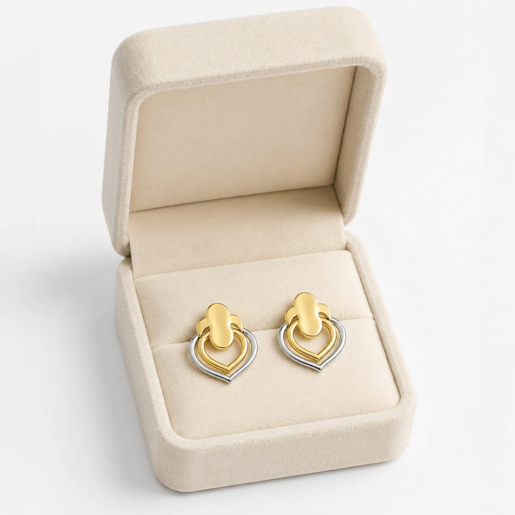 9K Dual-Tone Layered Heart Drop Earrings