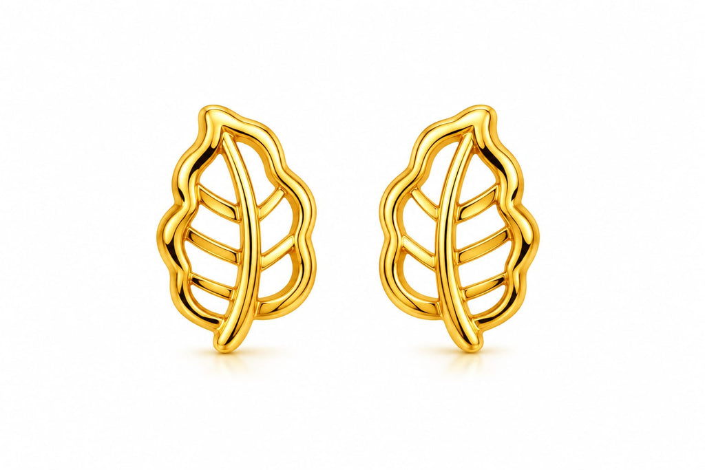 9K Golden Leaf Outline Stud Earrings