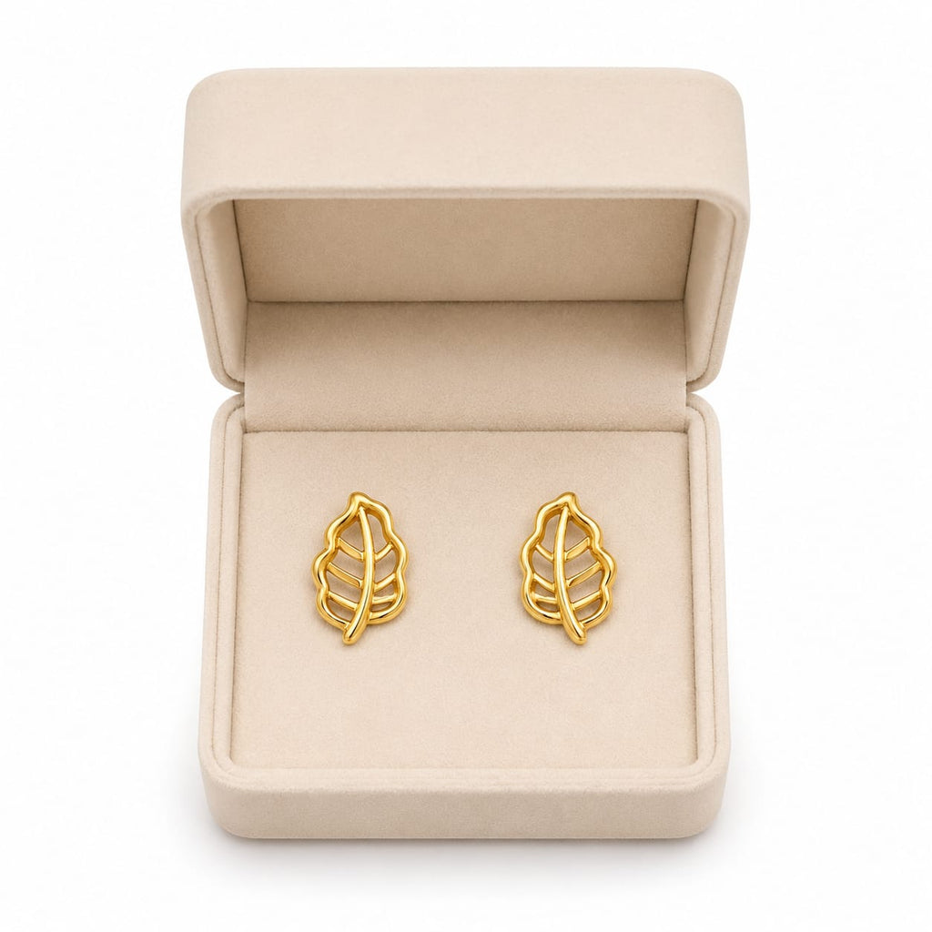 9K Golden Leaf Outline Stud Earrings