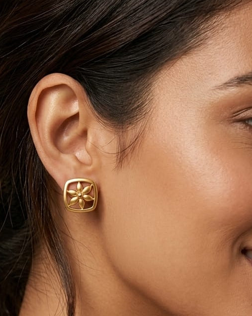 9K Floral Frame Square Stud Earrings