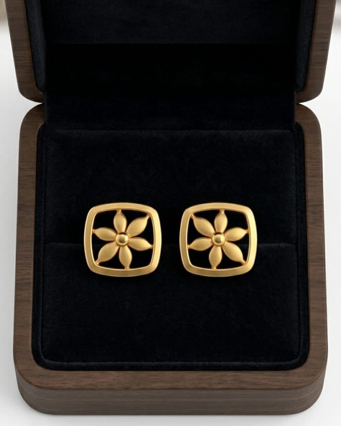 9K Floral Frame Square Stud Earrings