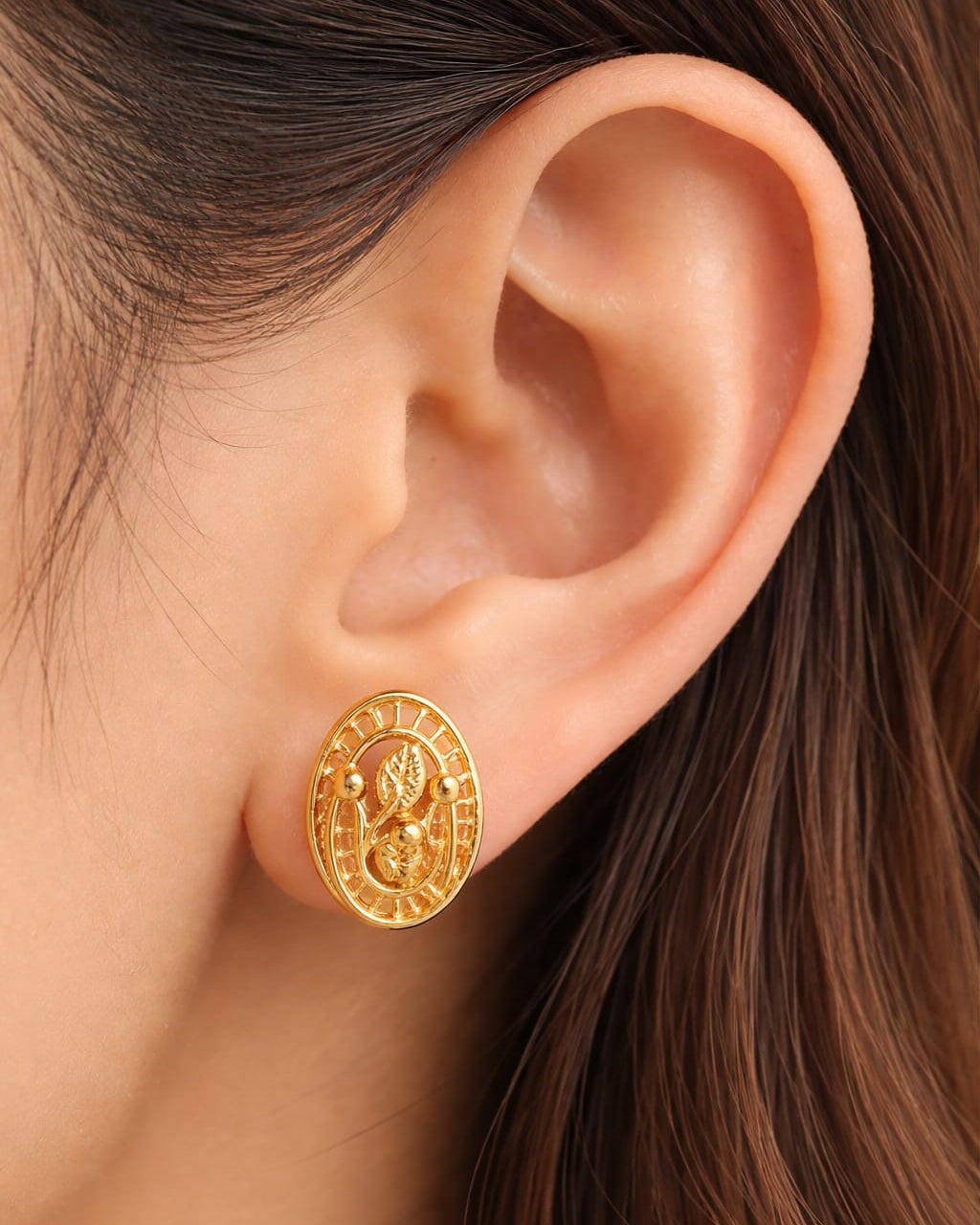 9K Vintage Filigree Leaf Oval Studs Earing