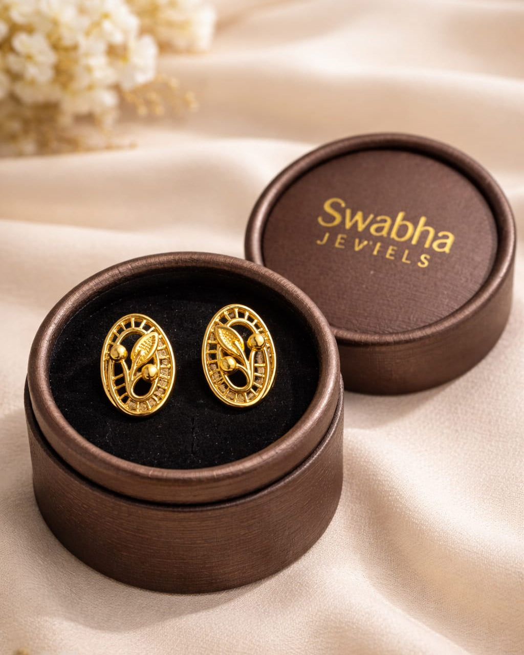 9K Vintage Filigree Leaf Oval Studs Earing