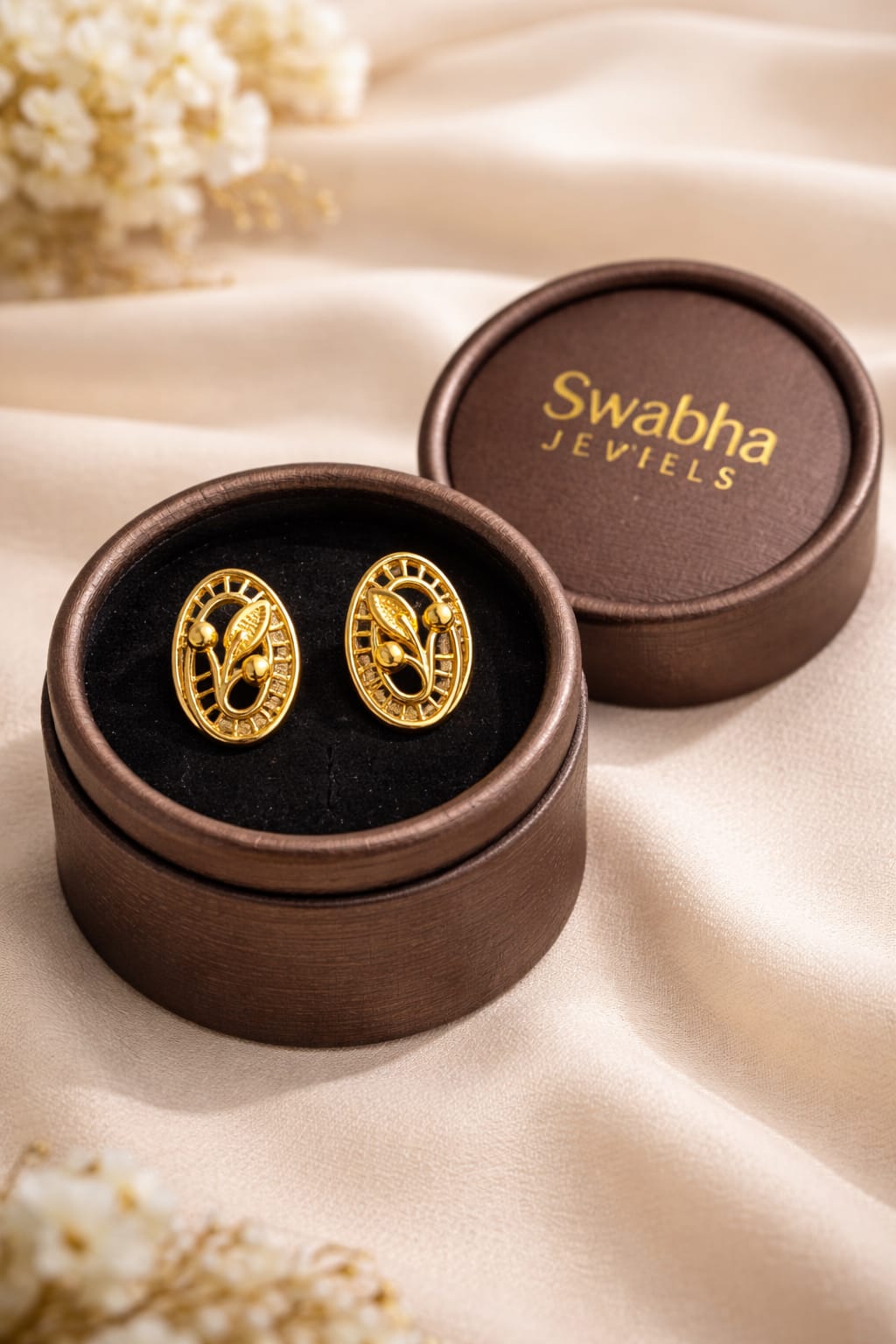 9K Oval Leaf Lattice Gold Stud Earring