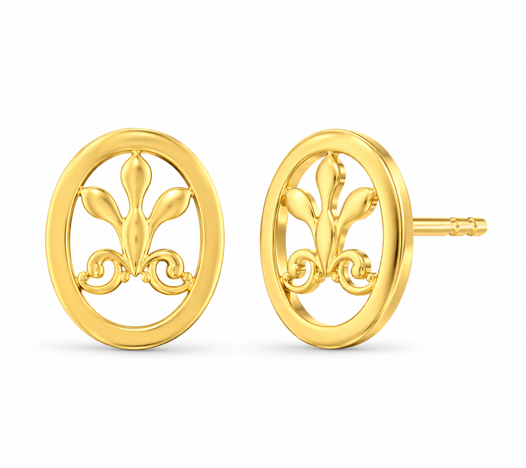 9K Oval Fleur-de-lis Gold Stud Earring