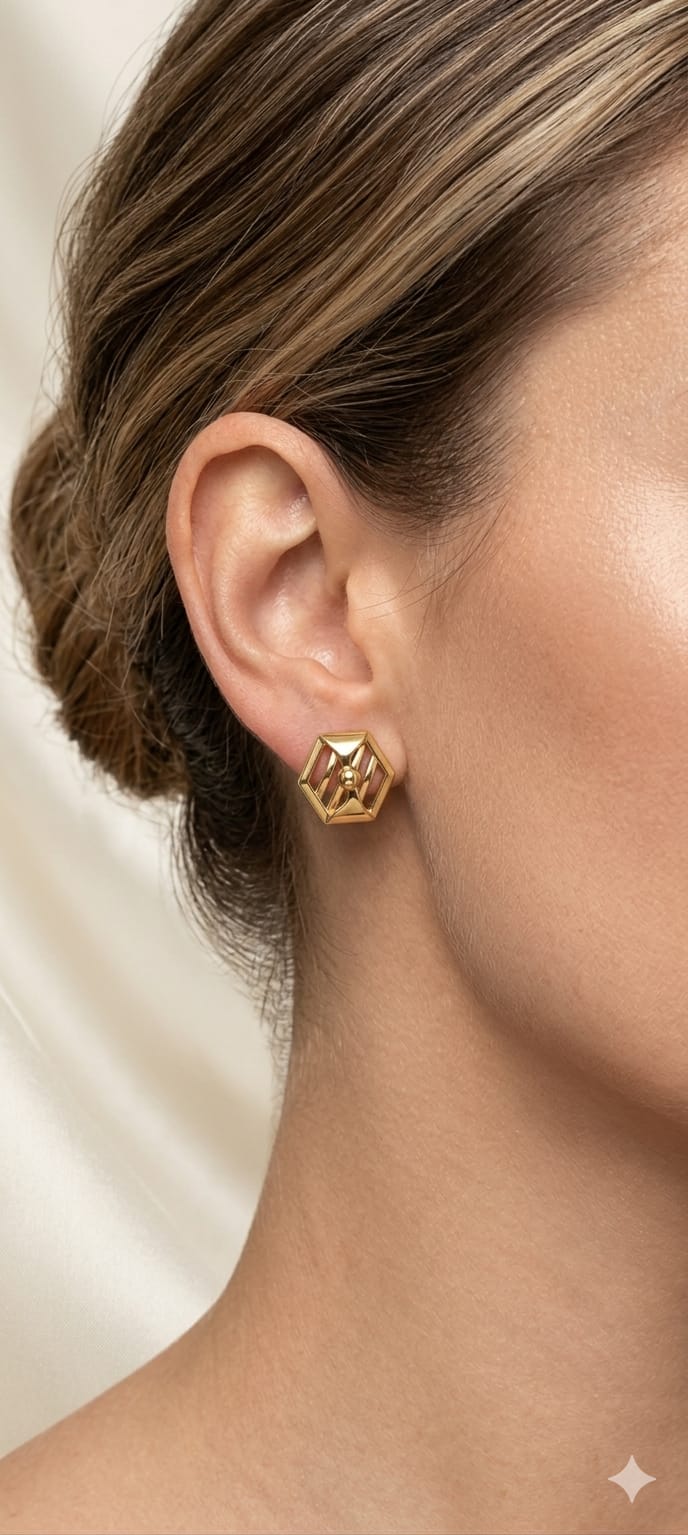 9K Geometric Hexagonal Gold Stud Earring