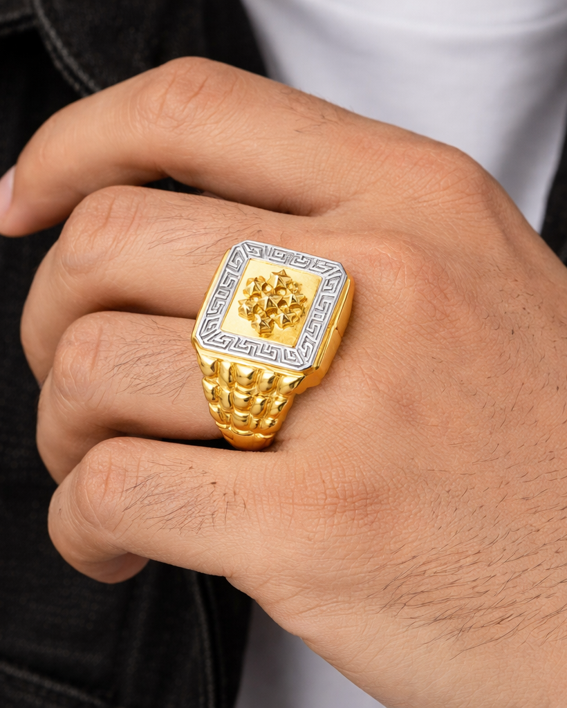 9K Two-Tone Greek Key Signet Ring