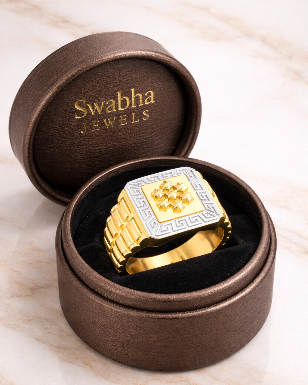 9K Two-Tone Greek Key Signet Ring