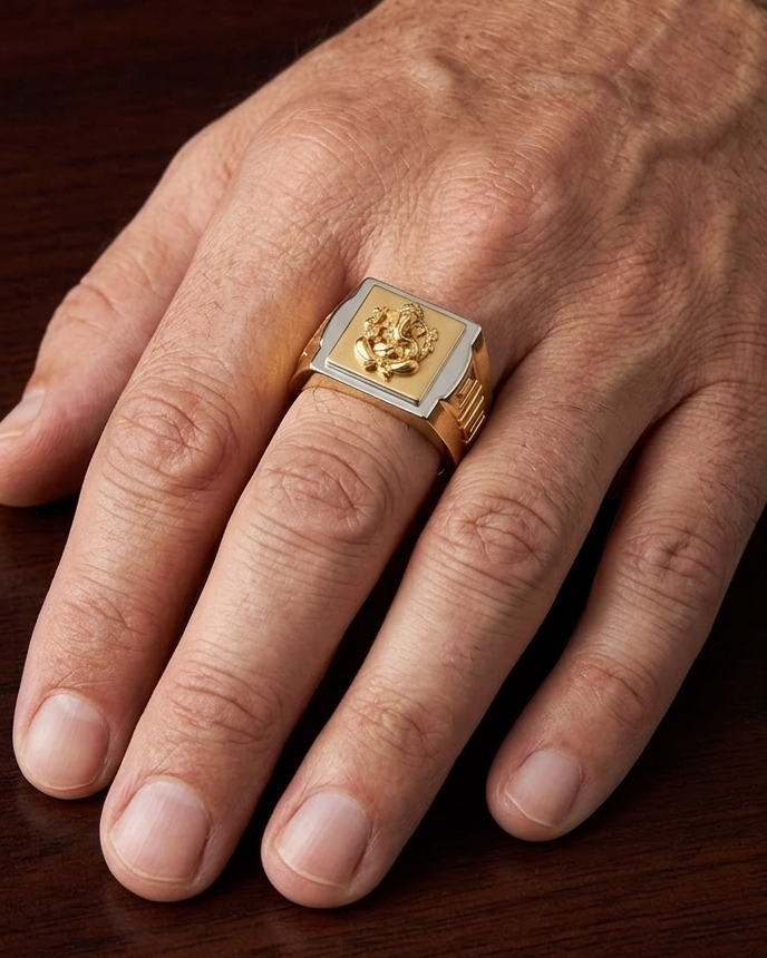 9K Two-Tone Gold Lord Ganesha Signet Ring
