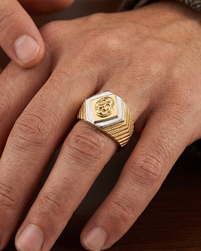 9K Two-Tone Medusa Hexagon Signet Ring