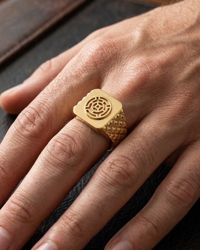 9K Gold Geometric Wheel Signet Ring
