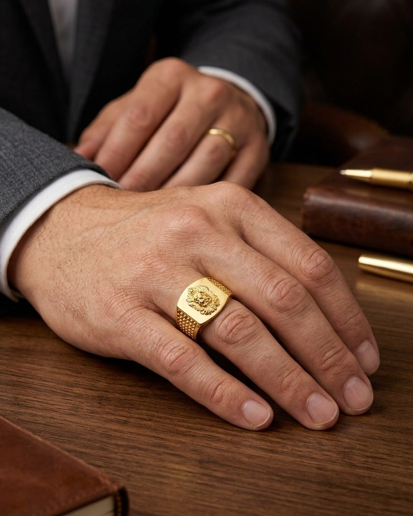 9K Gold Lion Head Signet Ring