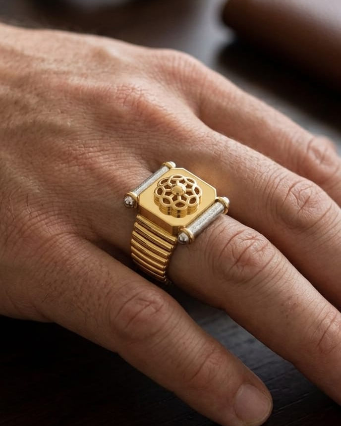 9K Men's Two-Tone Floral Dharma Wheel Signet Ring
