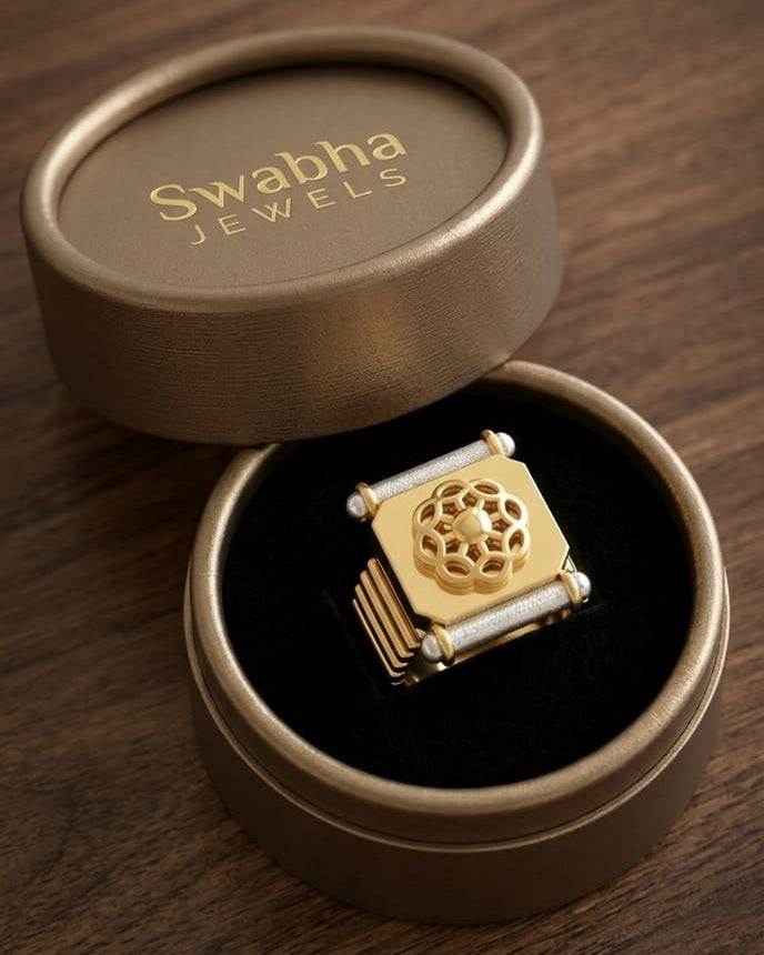 9K Men's Two-Tone Floral Dharma Wheel Signet Ring