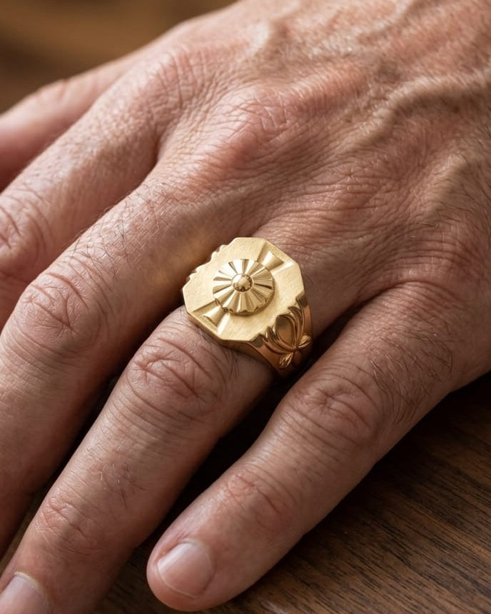 9K Gold Octagonal Rosette Signet Ring