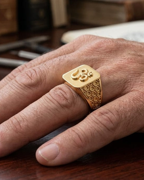 9K Gold Honeycomb "Om" Signet Ring