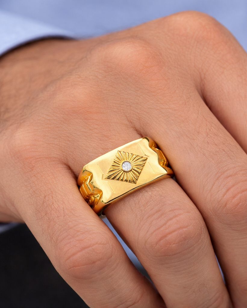 9K Gold Sunburst Rhombus Signet Ring