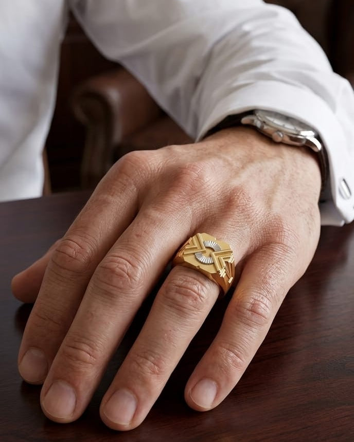 9K Geometric Sunburst Signet Ring