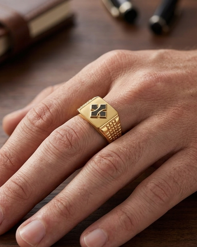 9K Men's Gothic Cross Gold Signet Ring