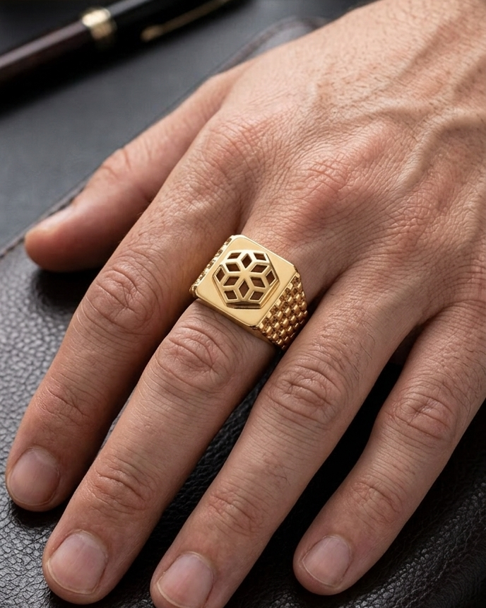 9K Hexa Shield Signet Ring