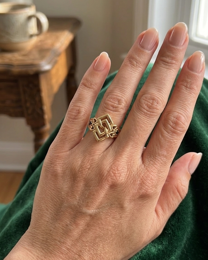 9K Geometric Frame Floral Accent Ring