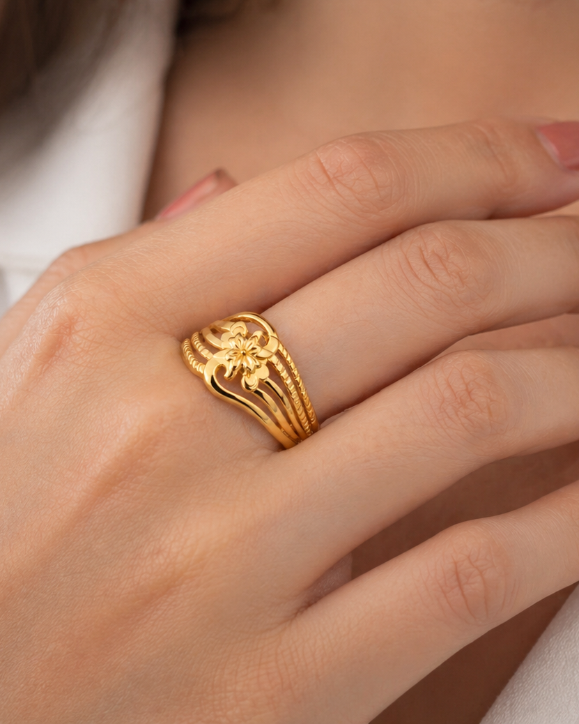 9K Floral Wave Filigree Gold Ring