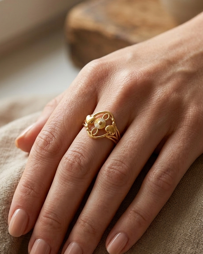 9K Gold Filigree Heart & Sunburst Ring