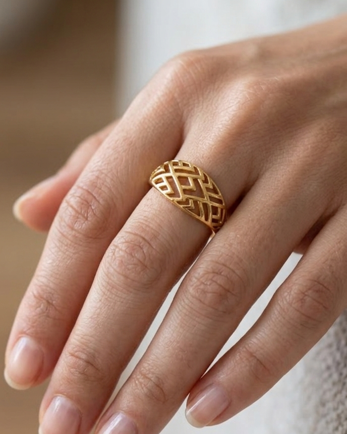 9K Gold Geometric Lattice Ring