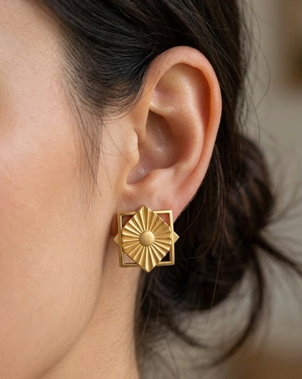 9K Radiant Sunburst Geometric Earrings